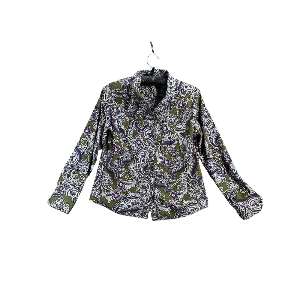 Vintage Paisley Blouse Womens M Olive Purple Button Front Boho Retro Top